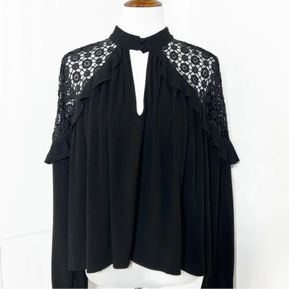 SOLD-Free People Ruffled Crochet Lace Black Draped Relaxed Long Sleeve Top - Picture 11 of 13